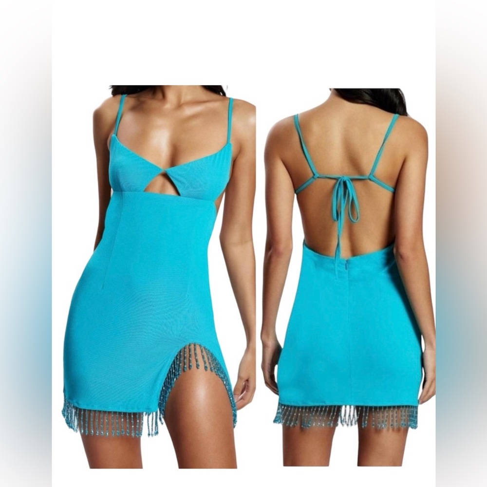 Meshki Darcie Aqua Blue Fringe Mini Dress